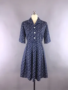 1950s Vintage Navy Blue Polka Dots Day Dress