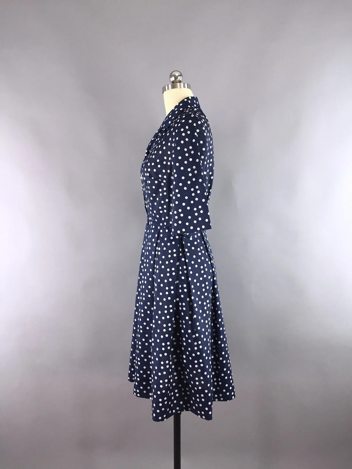 1950s Vintage Navy Blue Polka Dots Day Dress