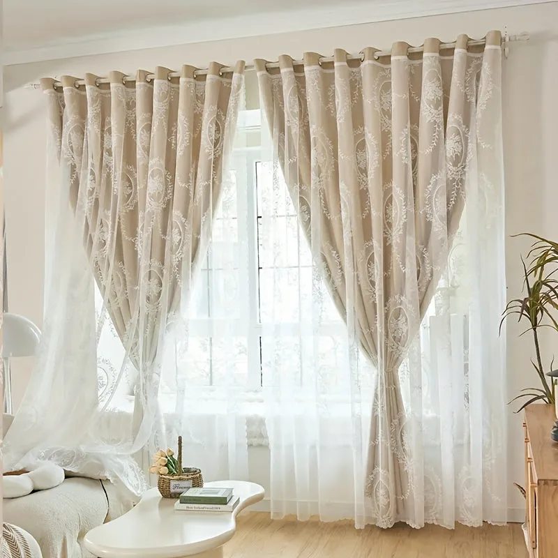 1pc Luxurious Blackout Fancy Lace Curtains - Double Layered, Light Blocking, Thermal Insulated, Elegant Home Decor for Bedroom, Living Room, and More - Easy to Install, Machine Washable, and Durable