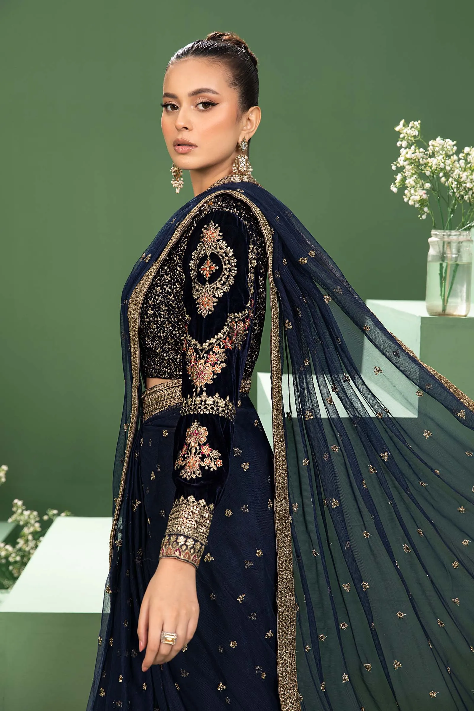 3 Piece Embroidered Net Saree | SF-W24-11