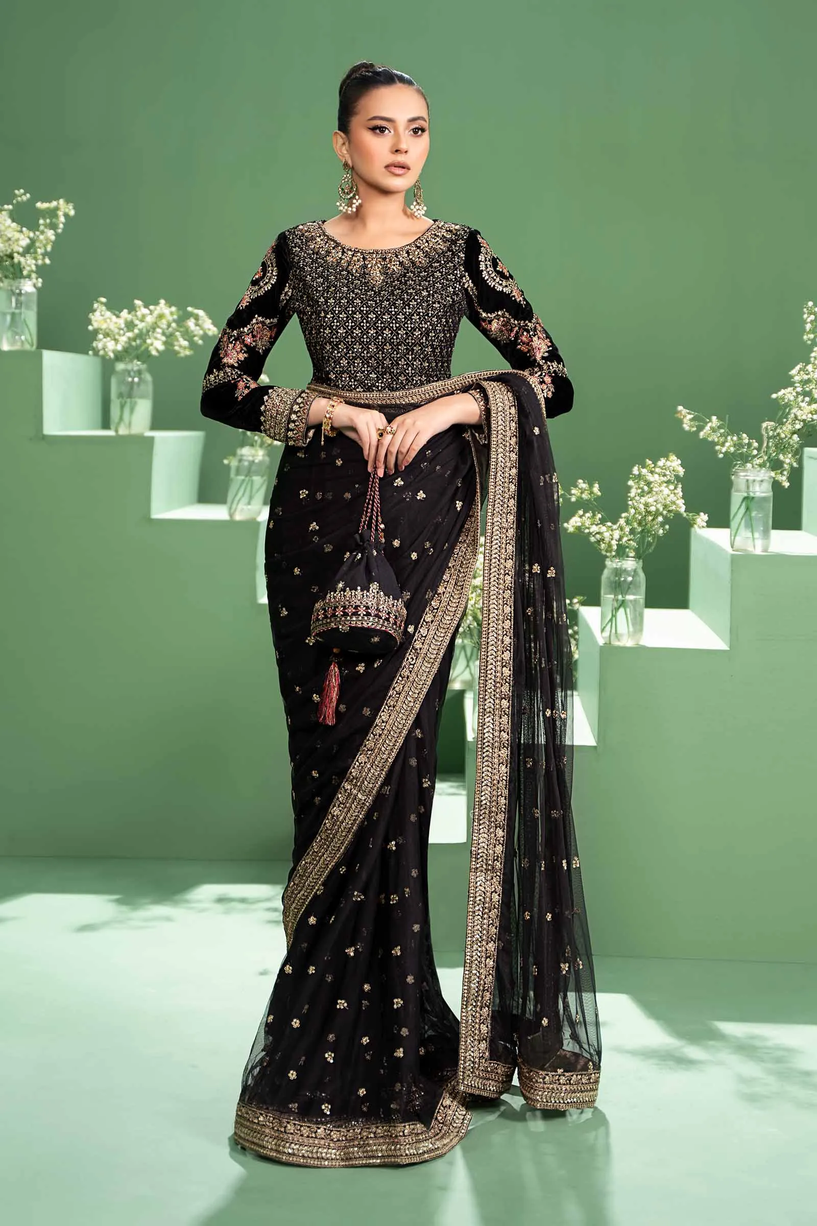 3 Piece Embroidered Net Saree | SF-W24-11