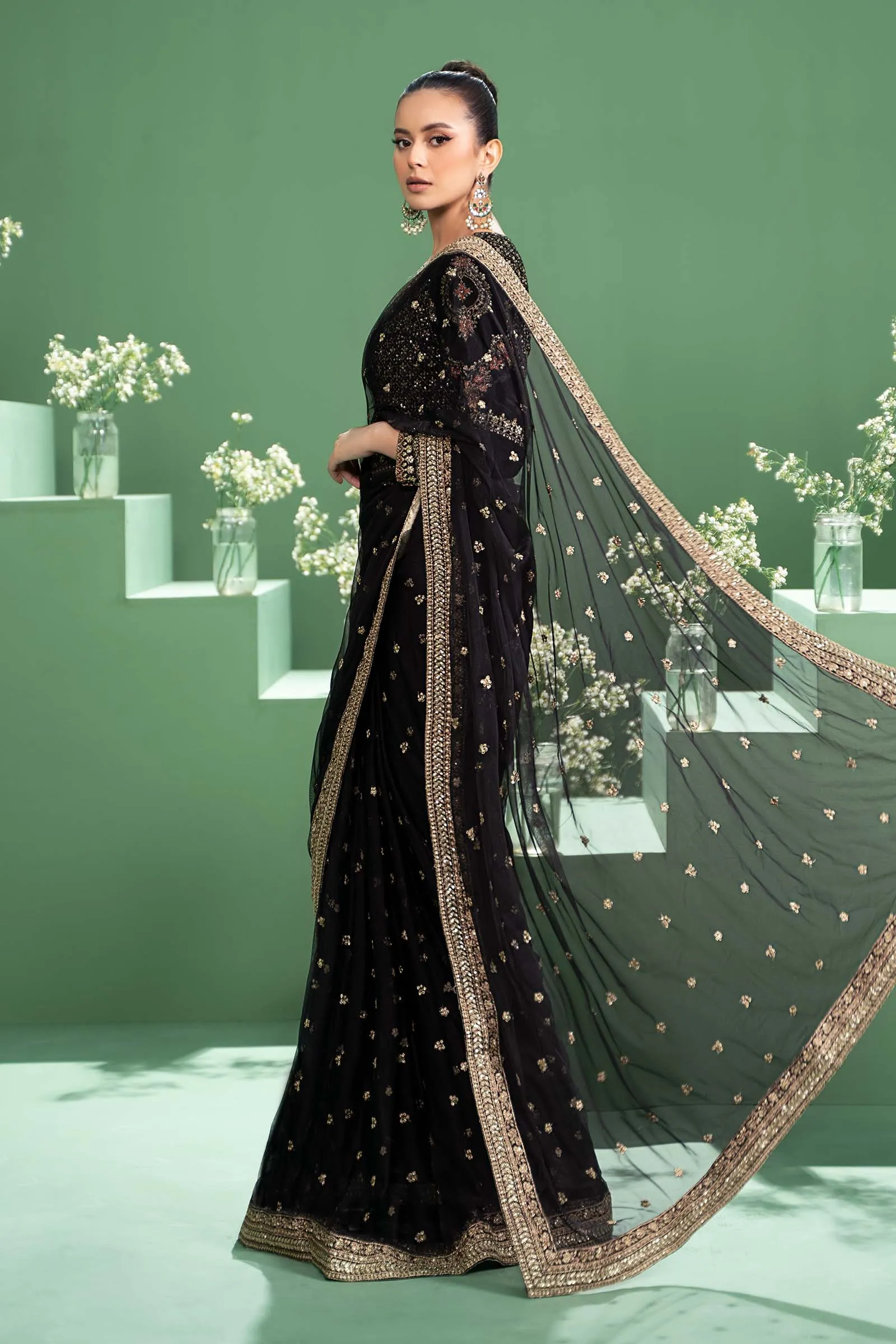 3 Piece Embroidered Net Saree | SF-W24-11