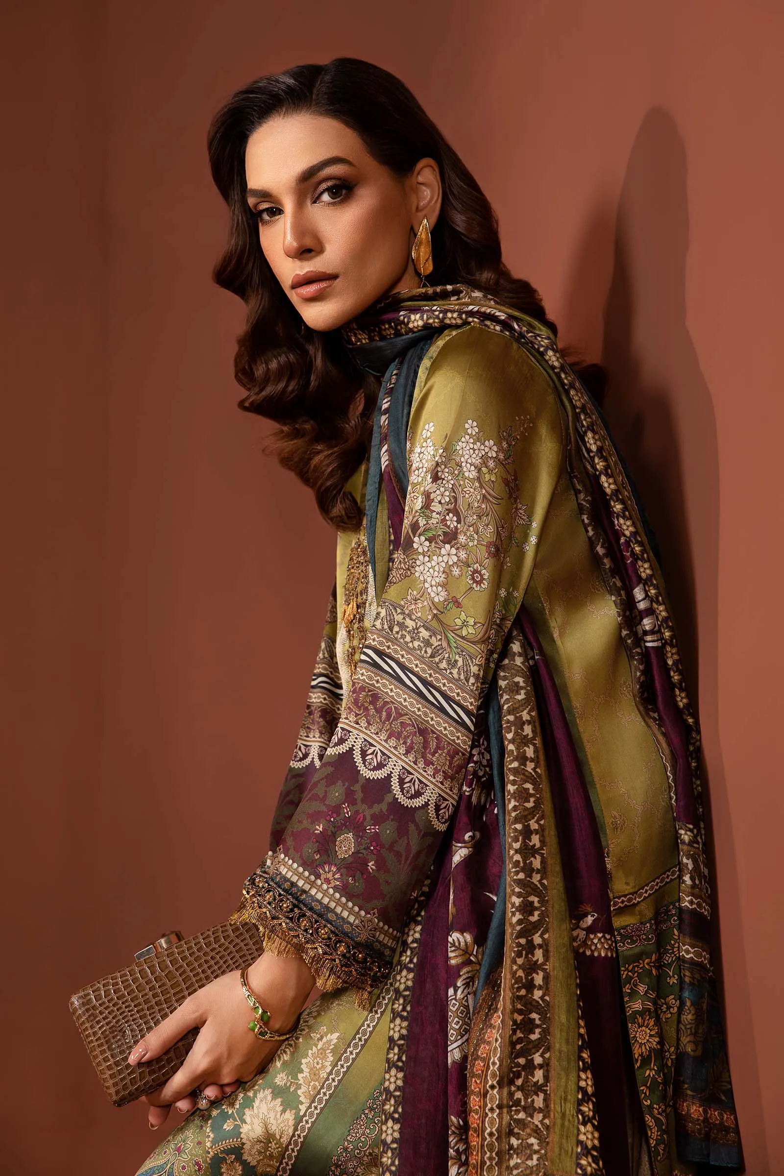 3 Piece Embroidered Pure Charmeuse Silk Suit | MPS-PF24-03