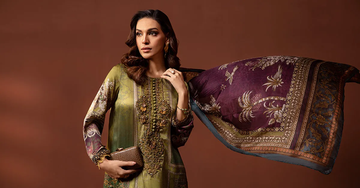 3 Piece Embroidered Pure Charmeuse Silk Suit | MPS-PF24-03