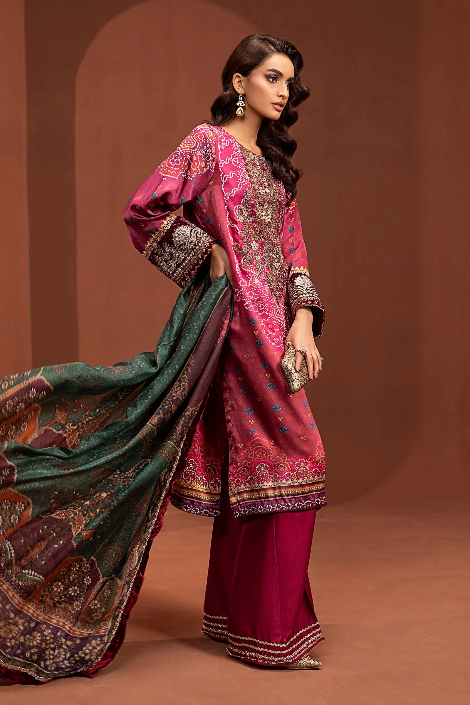 3 Piece Embroidered Pure Charmeuse Silk Suit | MPS-PF24-07