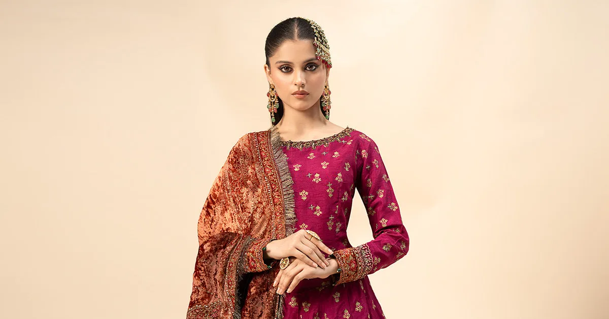 3 Piece Embroidered Raw Silk Suit | SF-W24-26