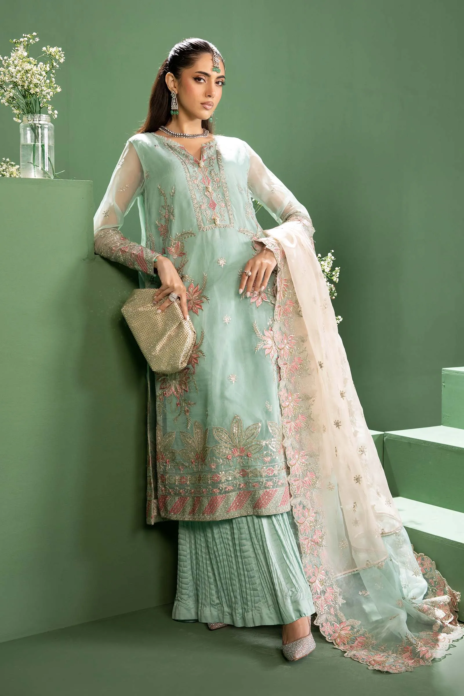 3 Piece Embroidered Raw Silk Suit | SF-W24-27