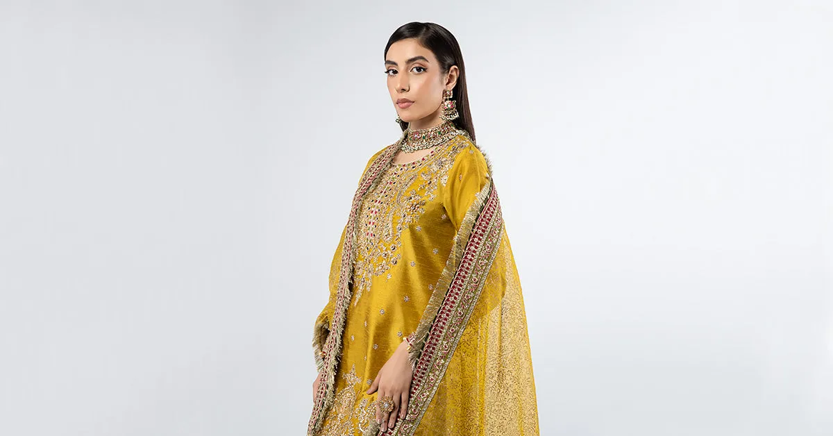 3 Piece Embroidered Raw Silk Suit | SF-W24-32