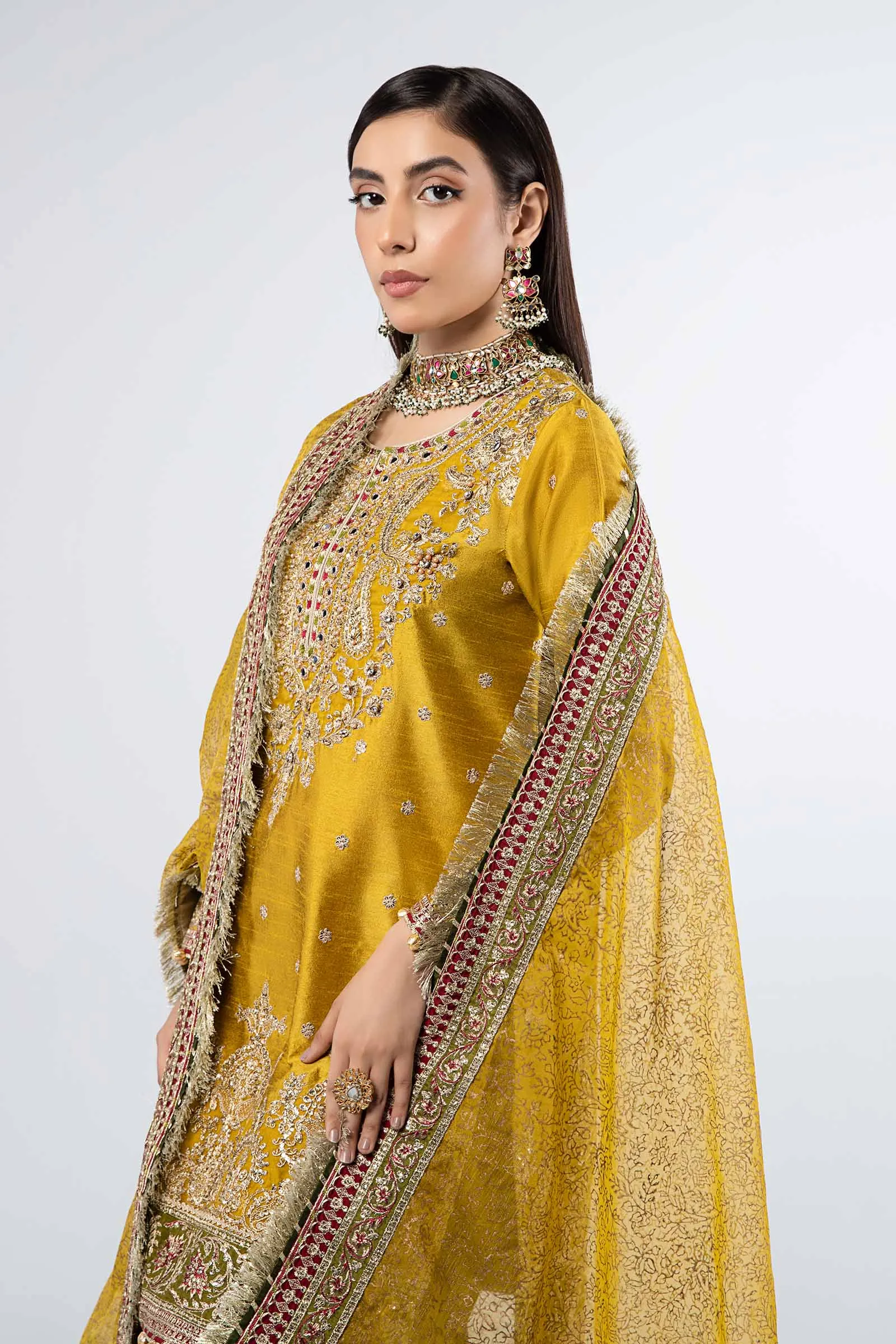 3 Piece Embroidered Raw Silk Suit | SF-W24-32