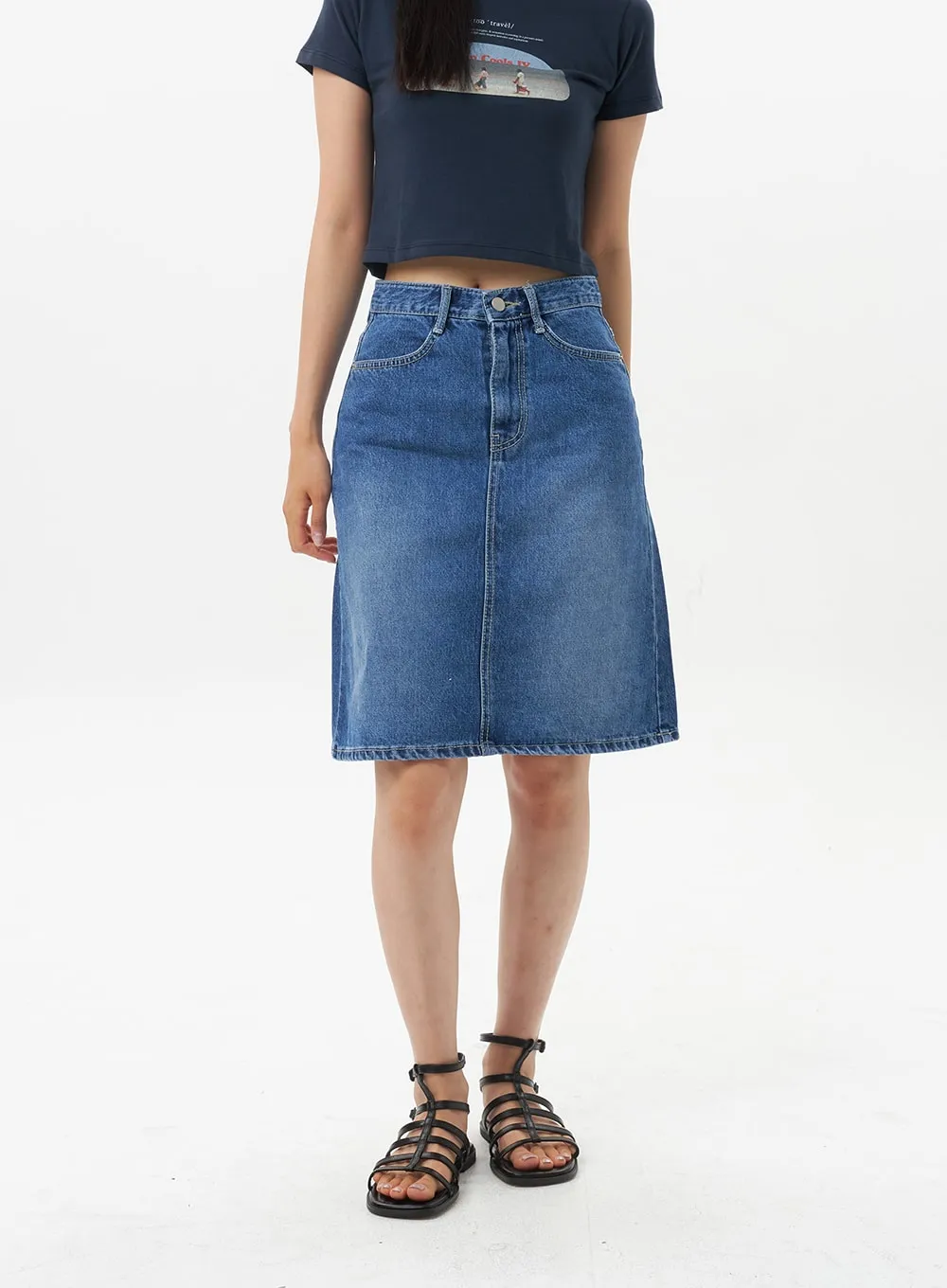 A-Line Denim Midi Skirt OU328