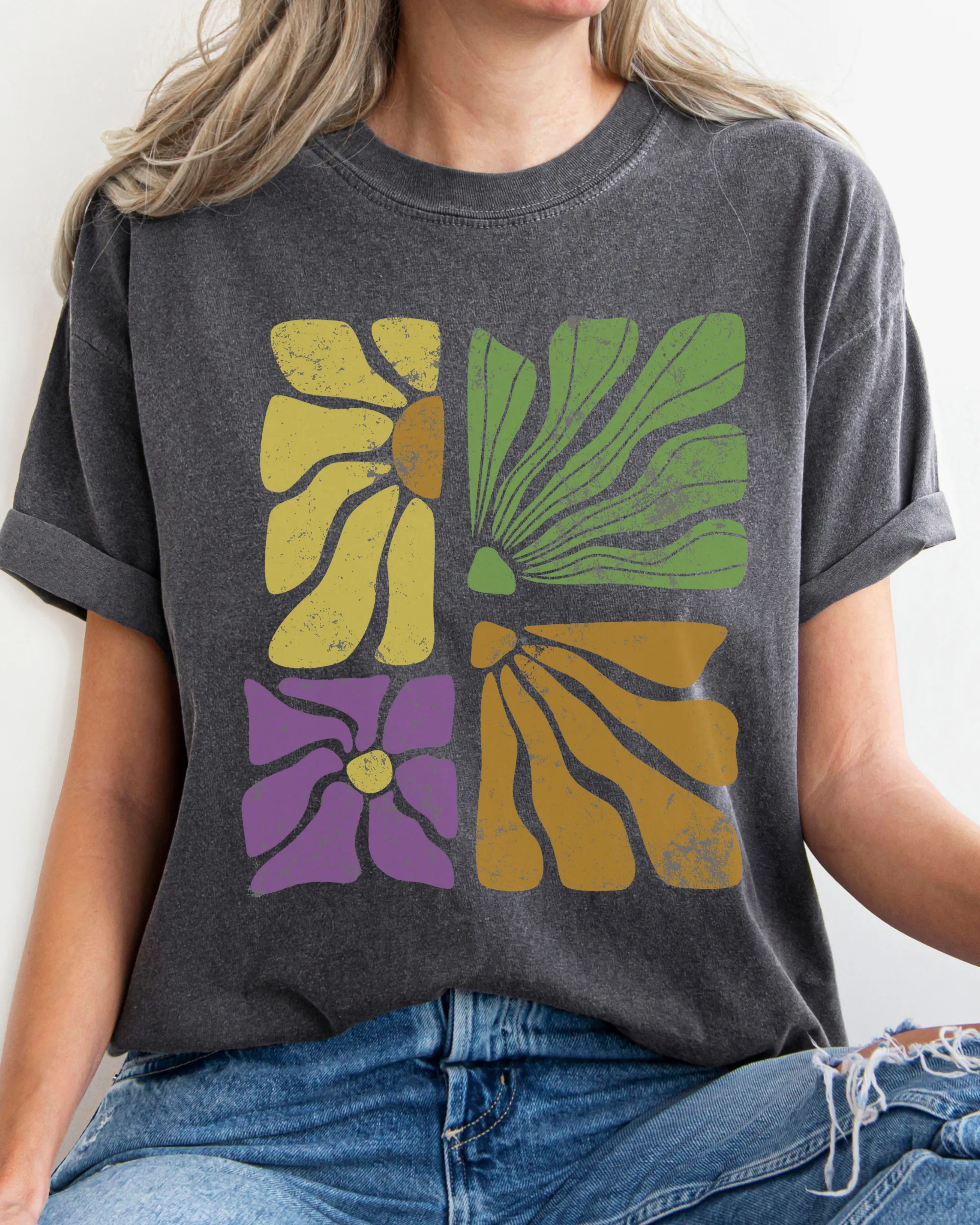 Abstract Sunflowers Comfort Colors T-Shirt, Women's Distressed-Look Design