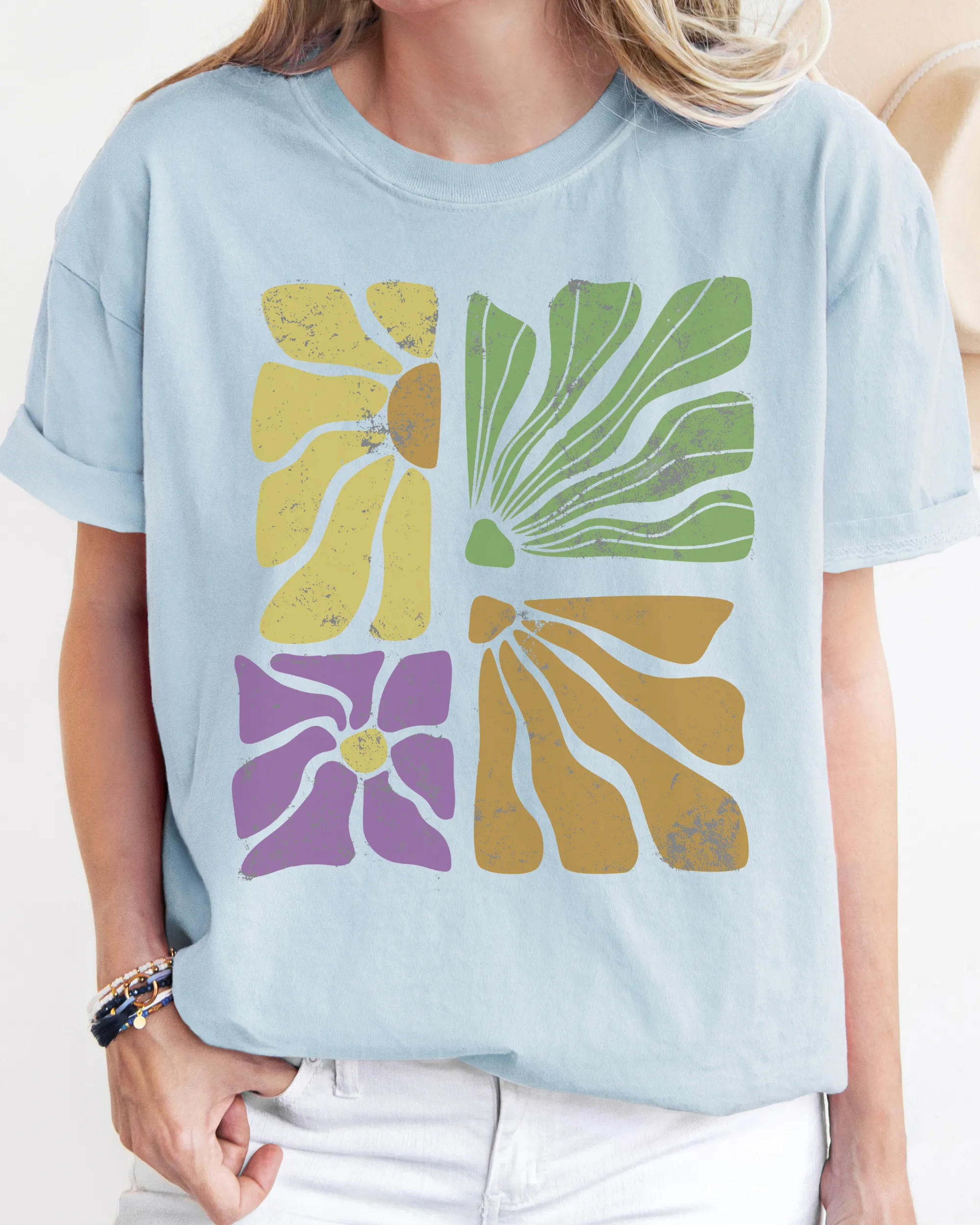 Abstract Sunflowers Comfort Colors T-Shirt, Women's Distressed-Look Design