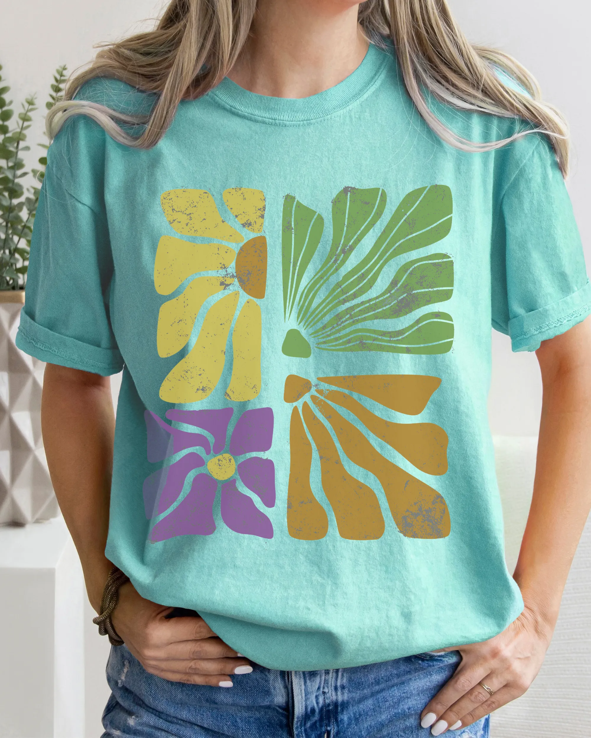 Abstract Sunflowers Comfort Colors T-Shirt, Women's Distressed-Look Design