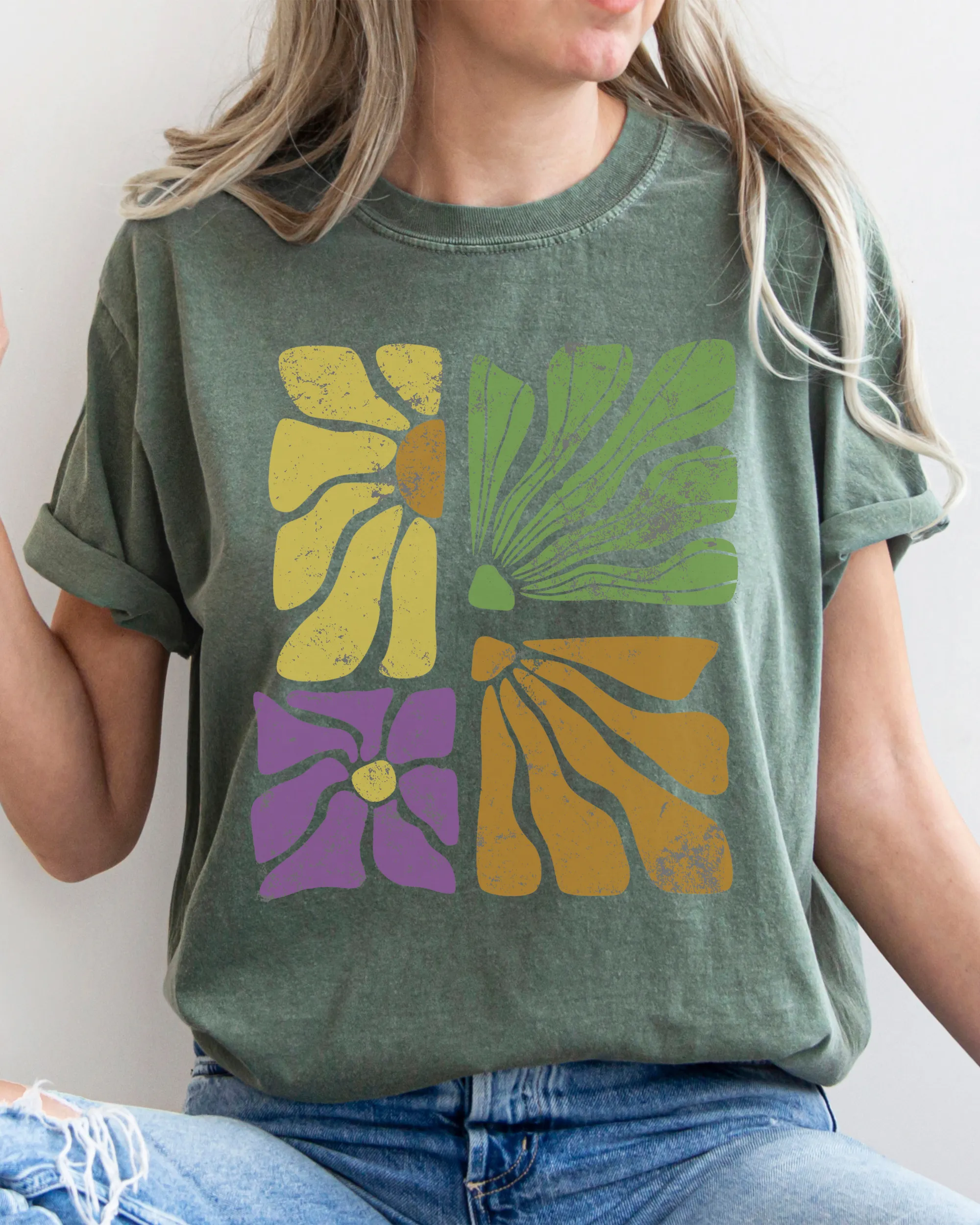 Abstract Sunflowers Comfort Colors T-Shirt, Women's Distressed-Look Design