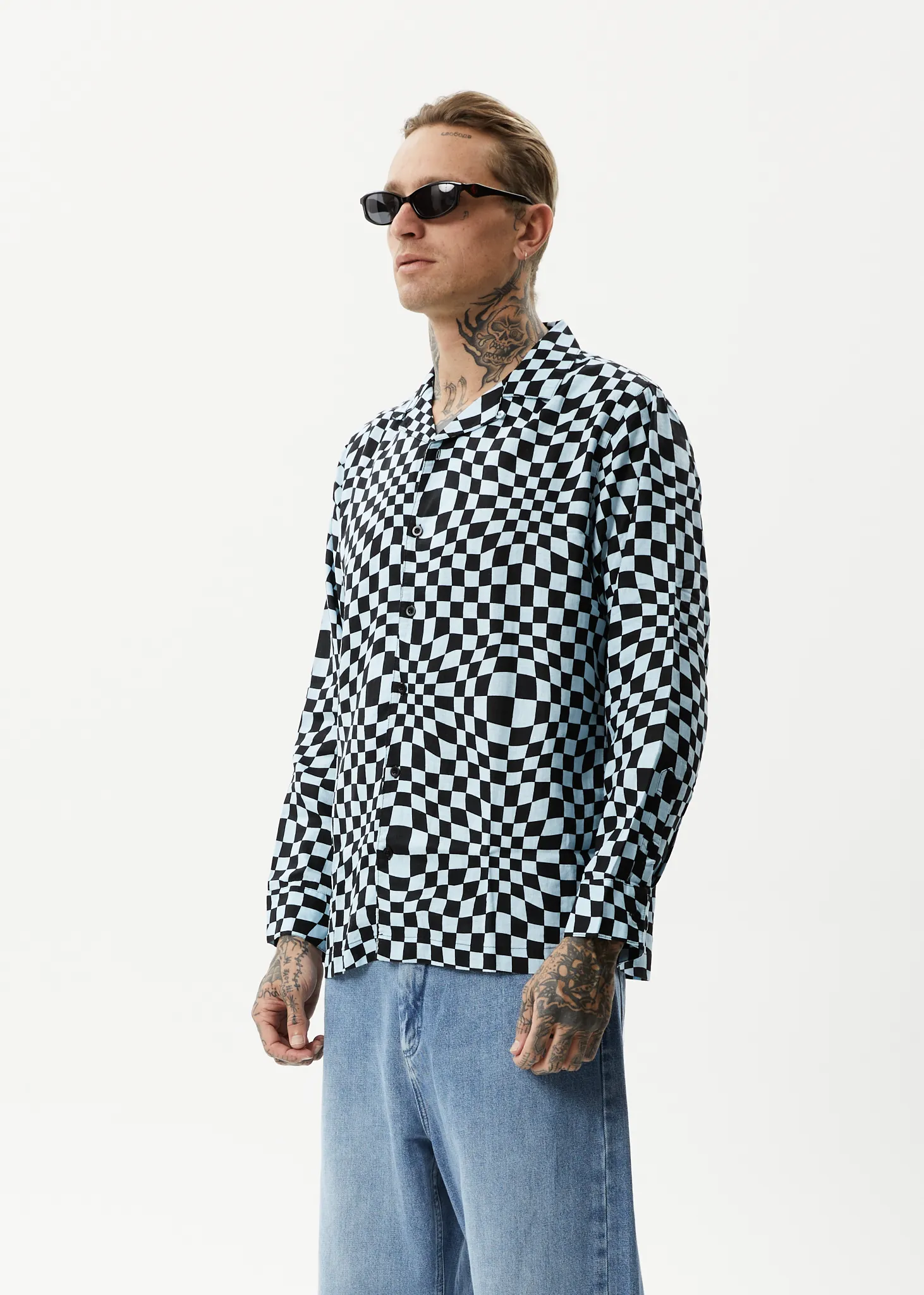 AFENDS Mens Void - Check Long Sleeve Shirt - Sky Blue