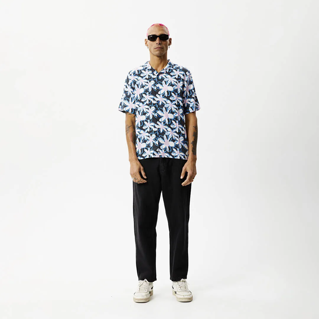 AFENDS Mens Waterfall - Cuban Short Sleeve Shirt - Stone Black