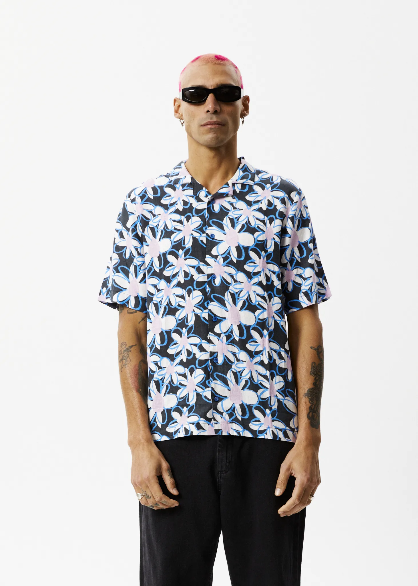 AFENDS Mens Waterfall - Cuban Short Sleeve Shirt - Stone Black