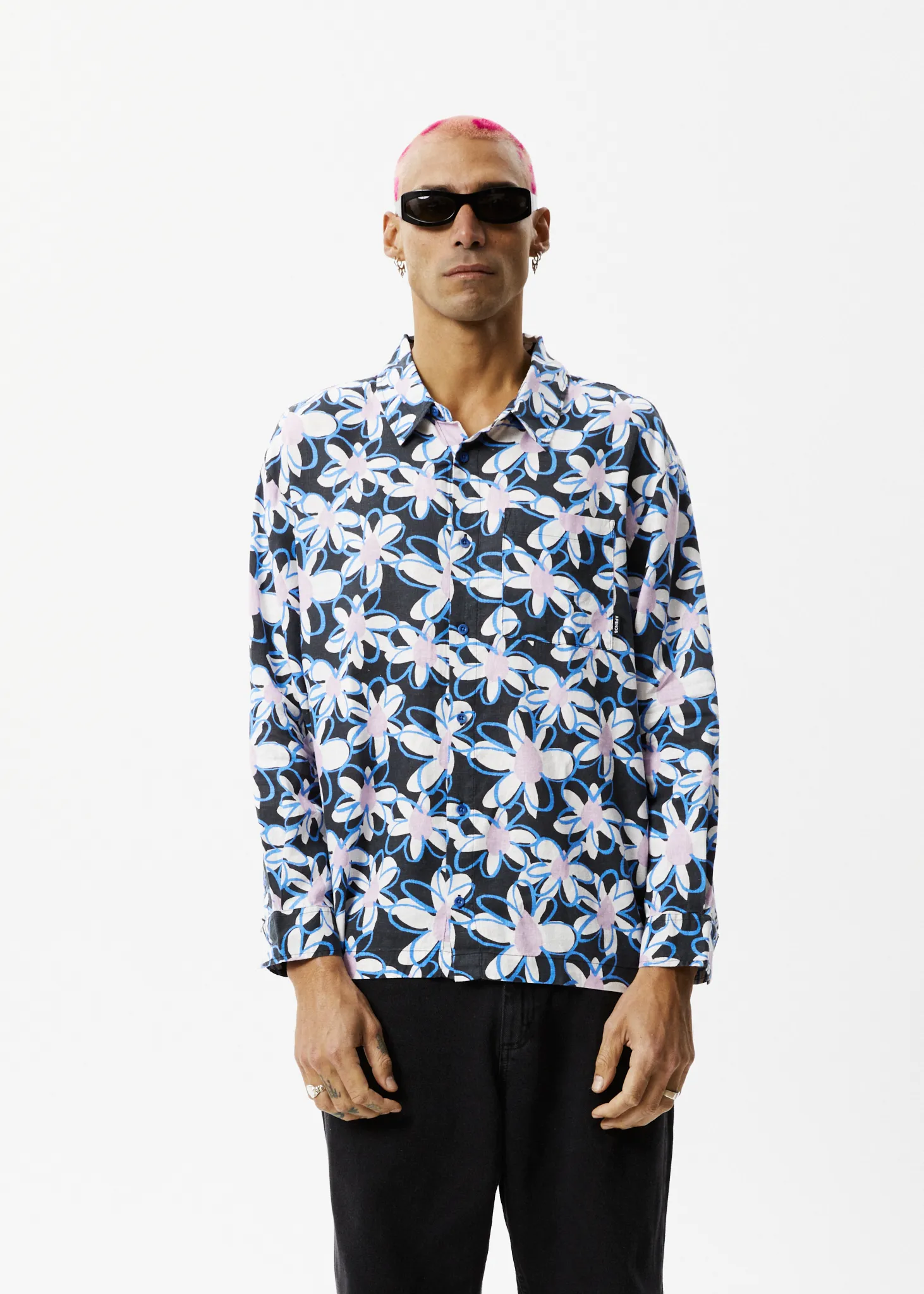 AFENDS Mens Waterfall - Long Sleeve Shirt - Stone Black