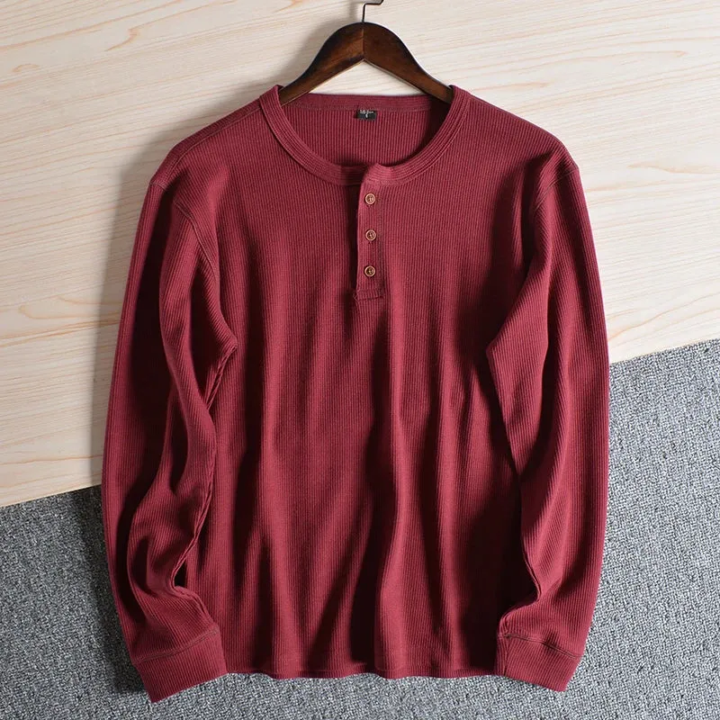 Aidase Fashion Mens Henley Collar Tee Shirts Autumn Sold Color Long Sleeve T-shirt Half Button Up Thermal Waffle Knit Blouses Tops