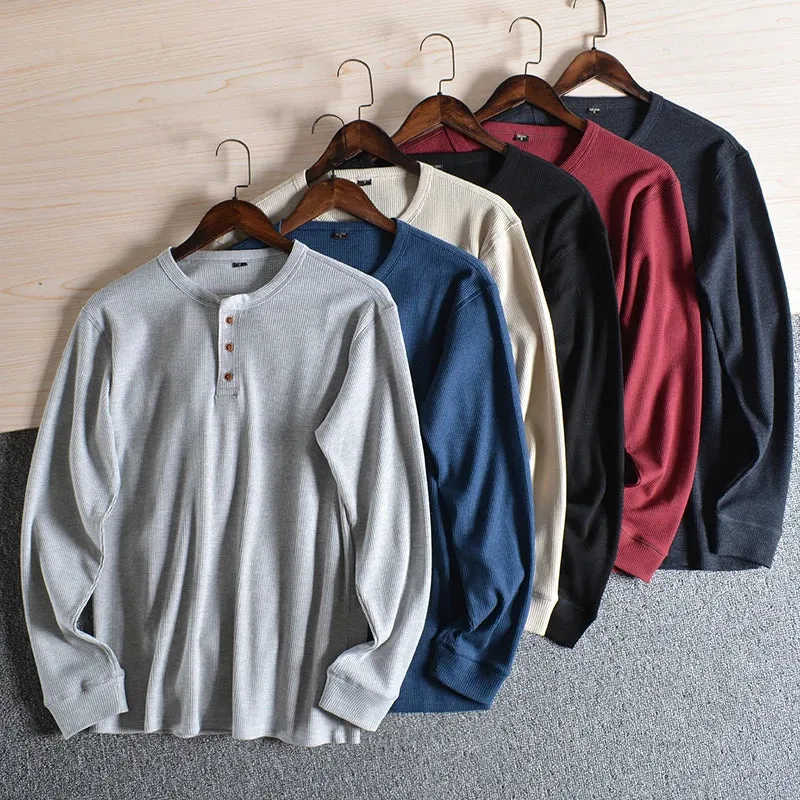 Aidase Fashion Mens Henley Collar Tee Shirts Autumn Sold Color Long Sleeve T-shirt Half Button Up Thermal Waffle Knit Blouses Tops