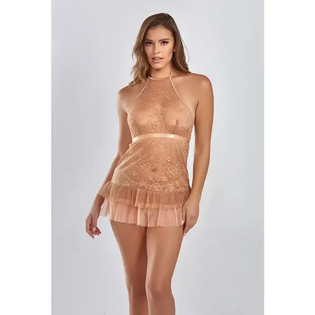 Amber Halter Lace Babydoll W/tiered Pleated Mesh Skirt Hem & G-string Brown