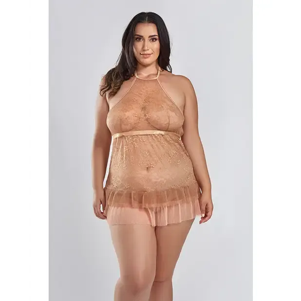 Amber Halter Lace Babydoll W/tiered Pleated Mesh Skirt Hem & G-string Brown