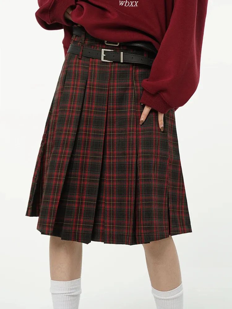 American College Style Red Plaid Pleated Skirt Women's Spring Design Color Contrast A-line High Waist Short Skirt Femal