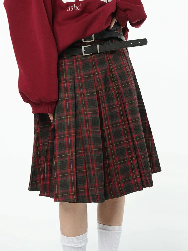 American College Style Red Plaid Pleated Skirt Women's Spring Design Color Contrast A-line High Waist Short Skirt Femal