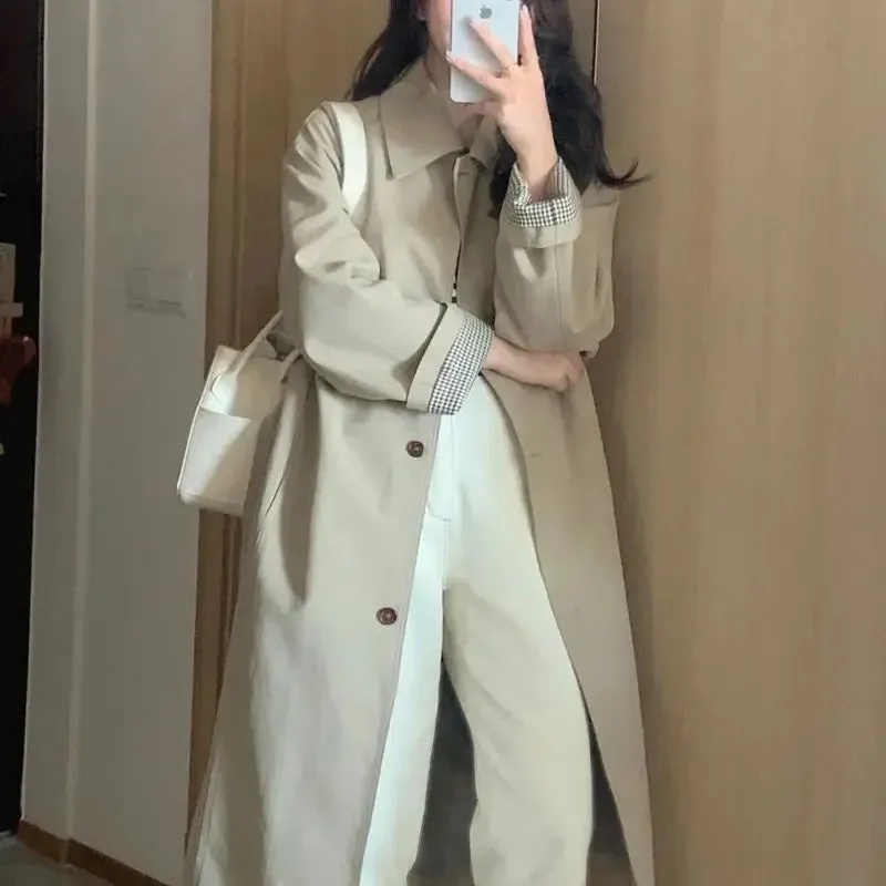 Amozae-2024 New Women's Jacket Early Autumn Chic Kaki Petite Korean English Style Medium-length Trench Coat Fashion Outerwear