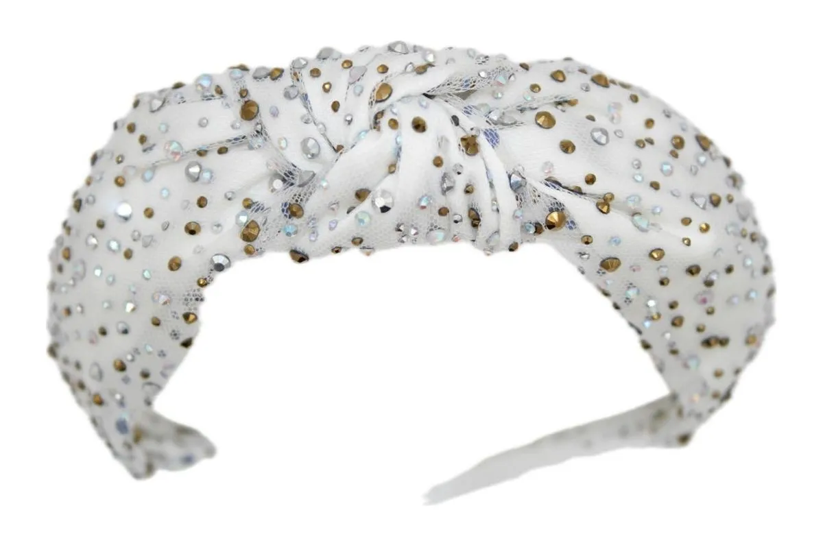 Bari Lynn Tulle Jeweled Knot Headband - White Metallic