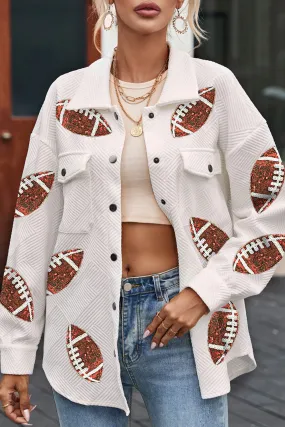 Beige Bubble Gum Texture Sequined Rugby Football Shacket