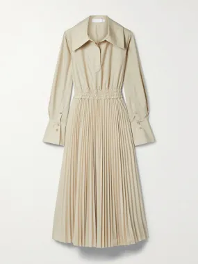 Beige pleated poplin midi dress