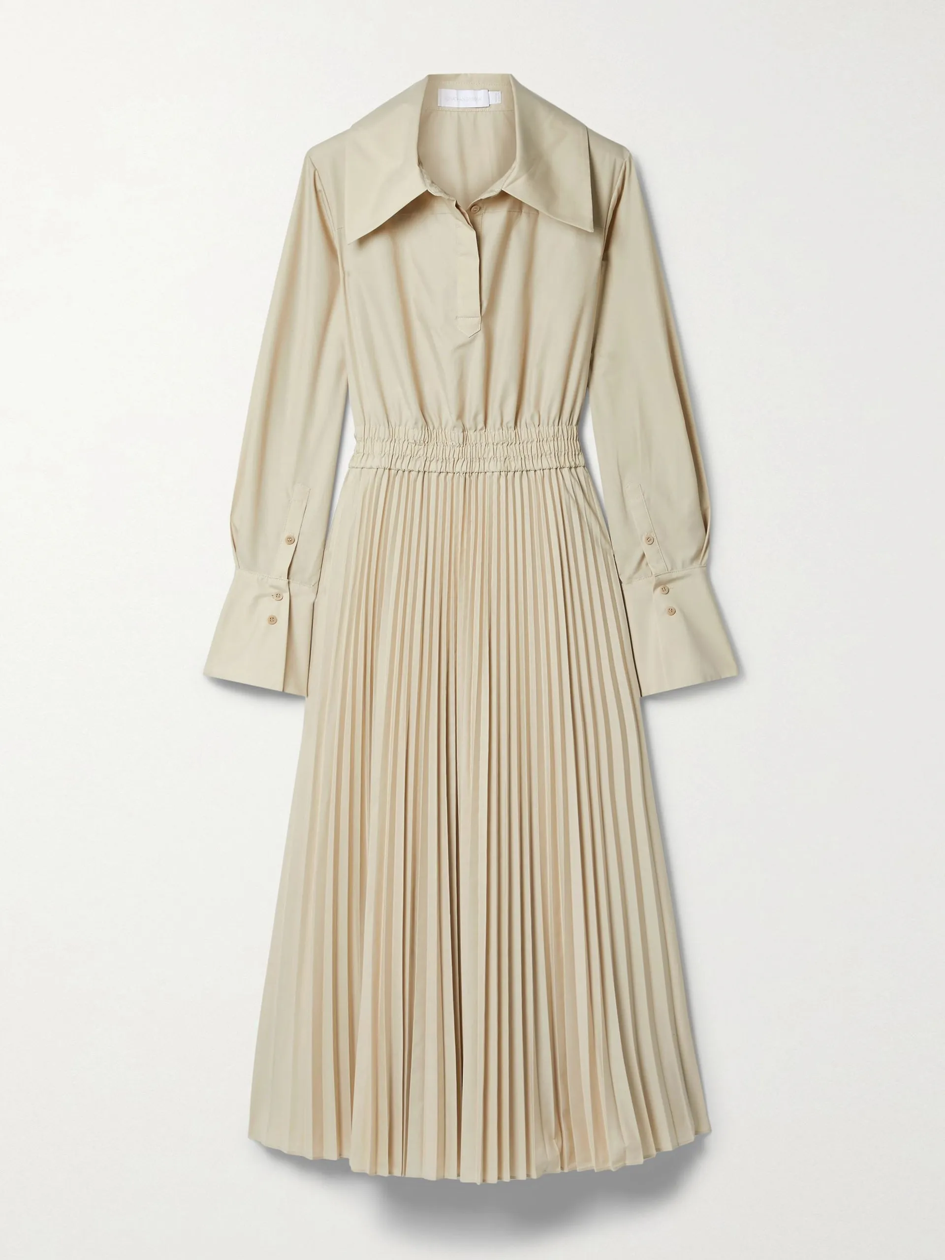 Beige pleated poplin midi dress