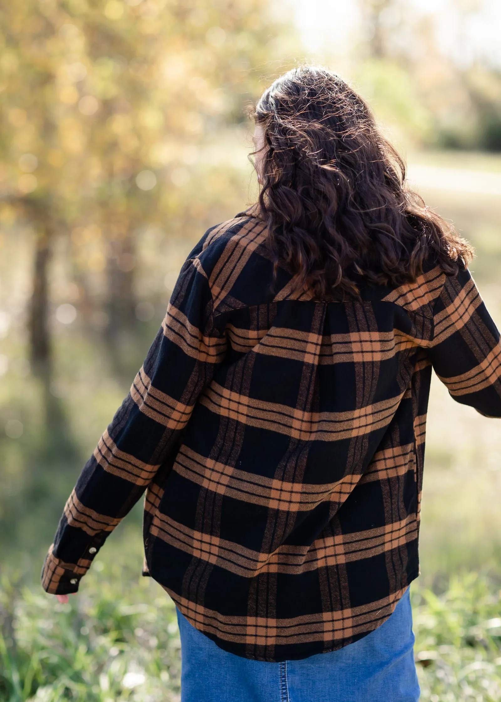 Black   Camel Plaid Pocket Button Front Shacket