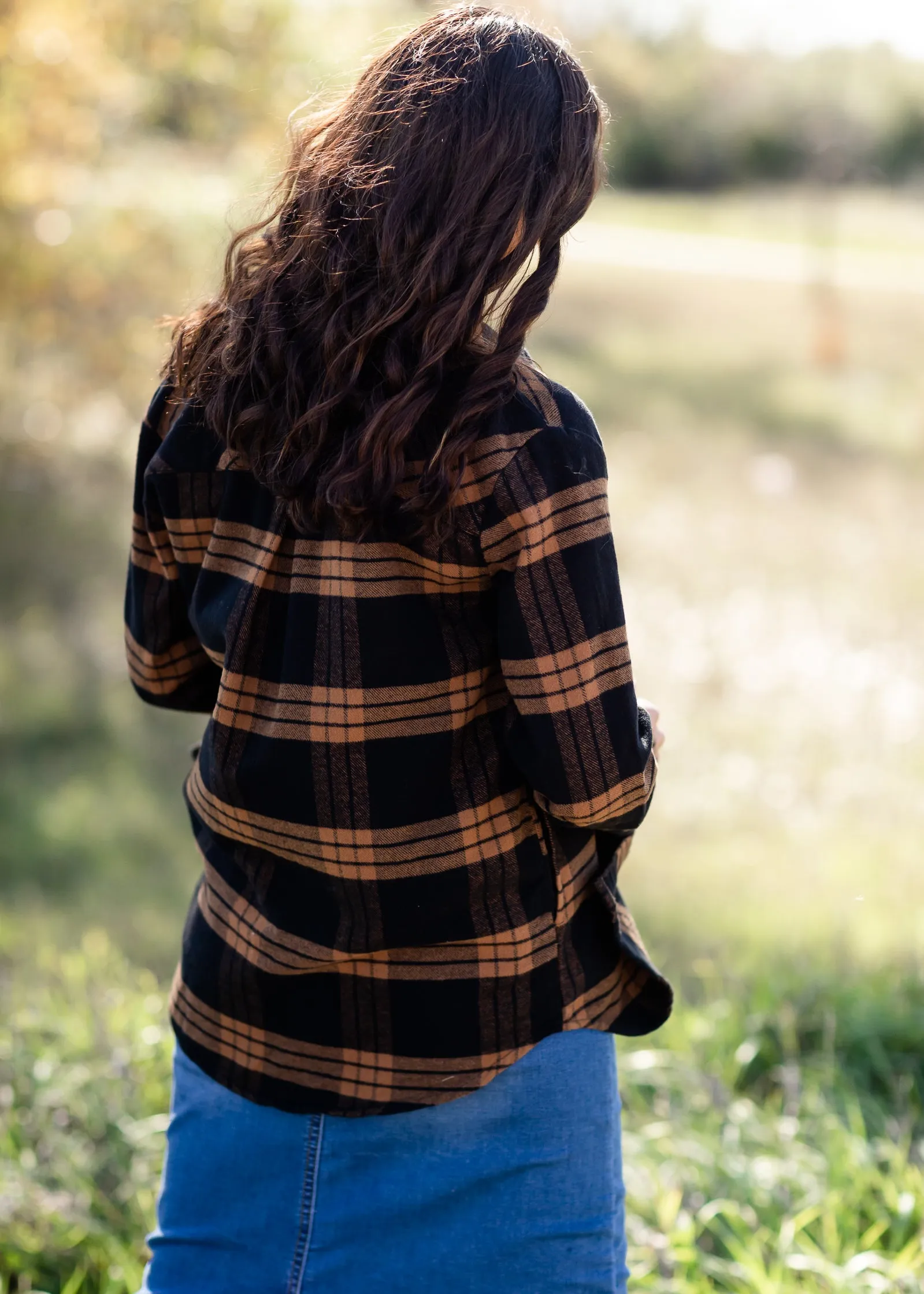 Black   Camel Plaid Pocket Button Front Shacket