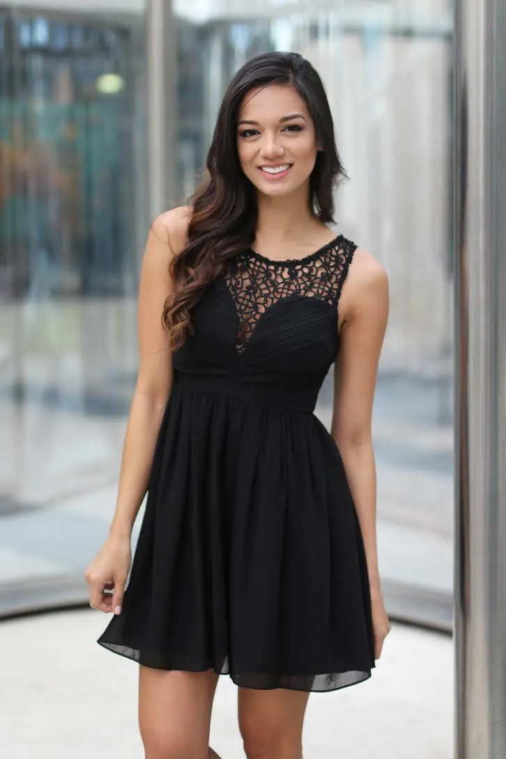 Black Crochet Short Dress With Pleated Skirt