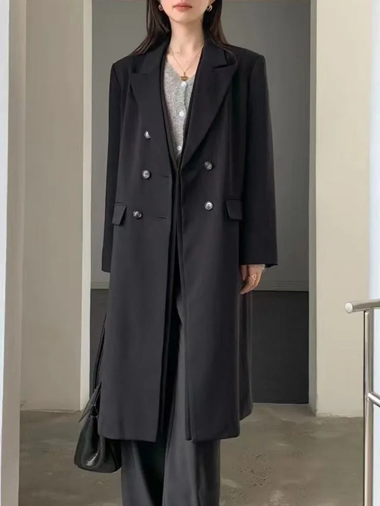 Black Elegant Trench Coat For Women Lapel Long Sleeve Double Breasted Solid Minimalist Coats Female Korean Fashion