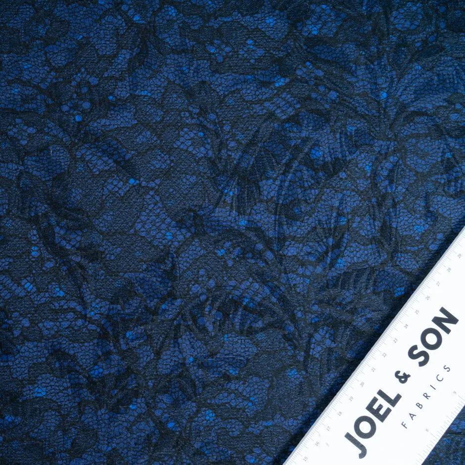 Black Lace Printed Dark Blue Silk & Cotton Blend Cloqué