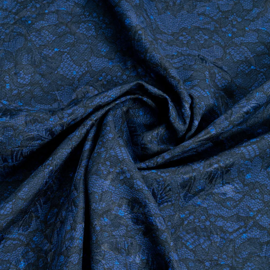 Black Lace Printed Dark Blue Silk & Cotton Blend Cloqué