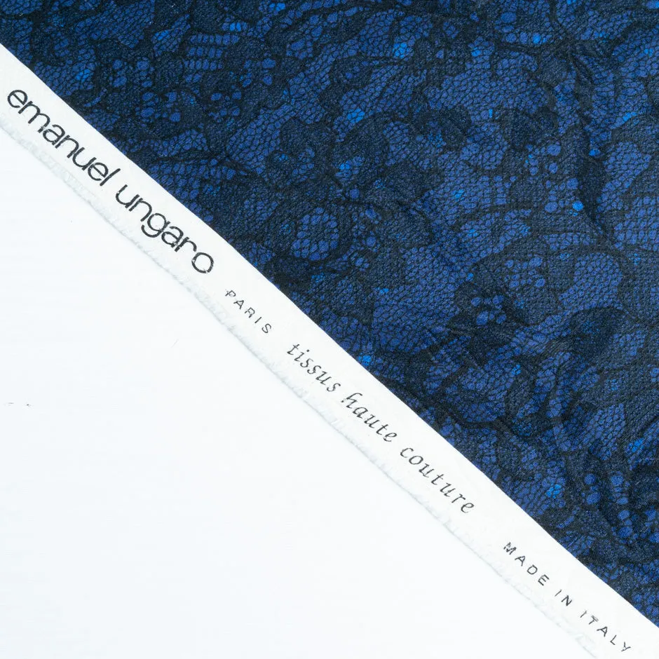 Black Lace Printed Dark Blue Silk & Cotton Blend Cloqué