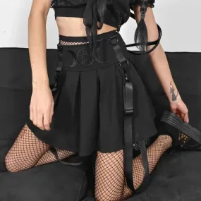 Black Patchwork Geometric Gothic Ruffle Pleated Skirt