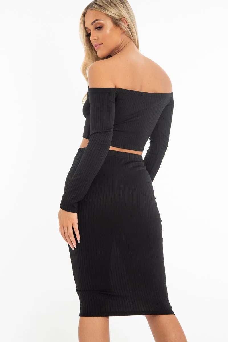 Black Rib Bardot Zip Crop Top Midi Skirt Co-Ord - Miley