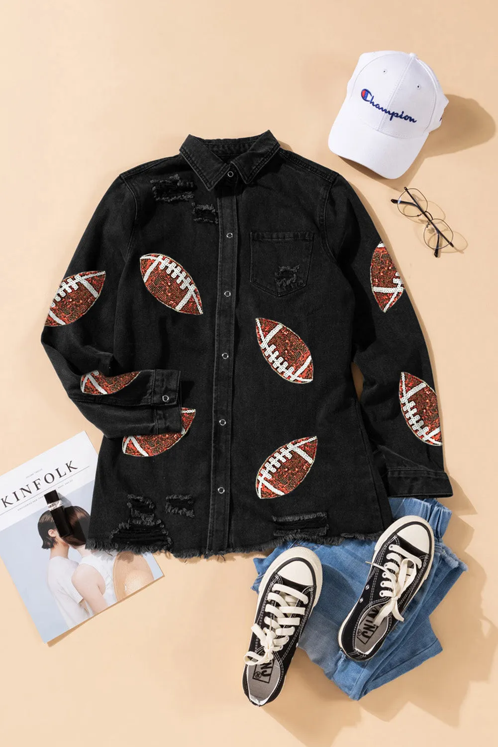 Black Sequined Rugby Graphic Frayed Denim Shacket