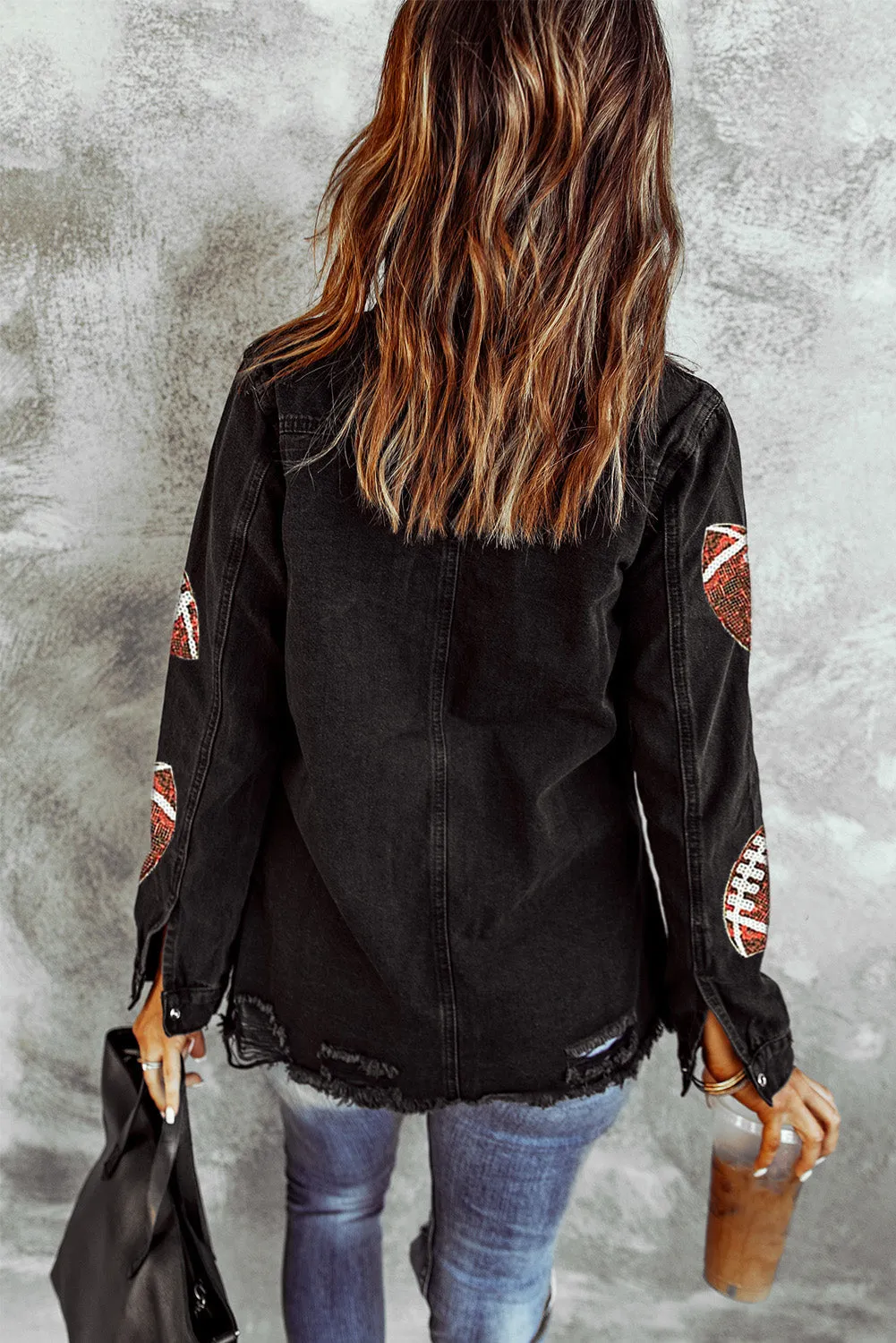 Black Sequined Rugby Graphic Frayed Denim Shacket