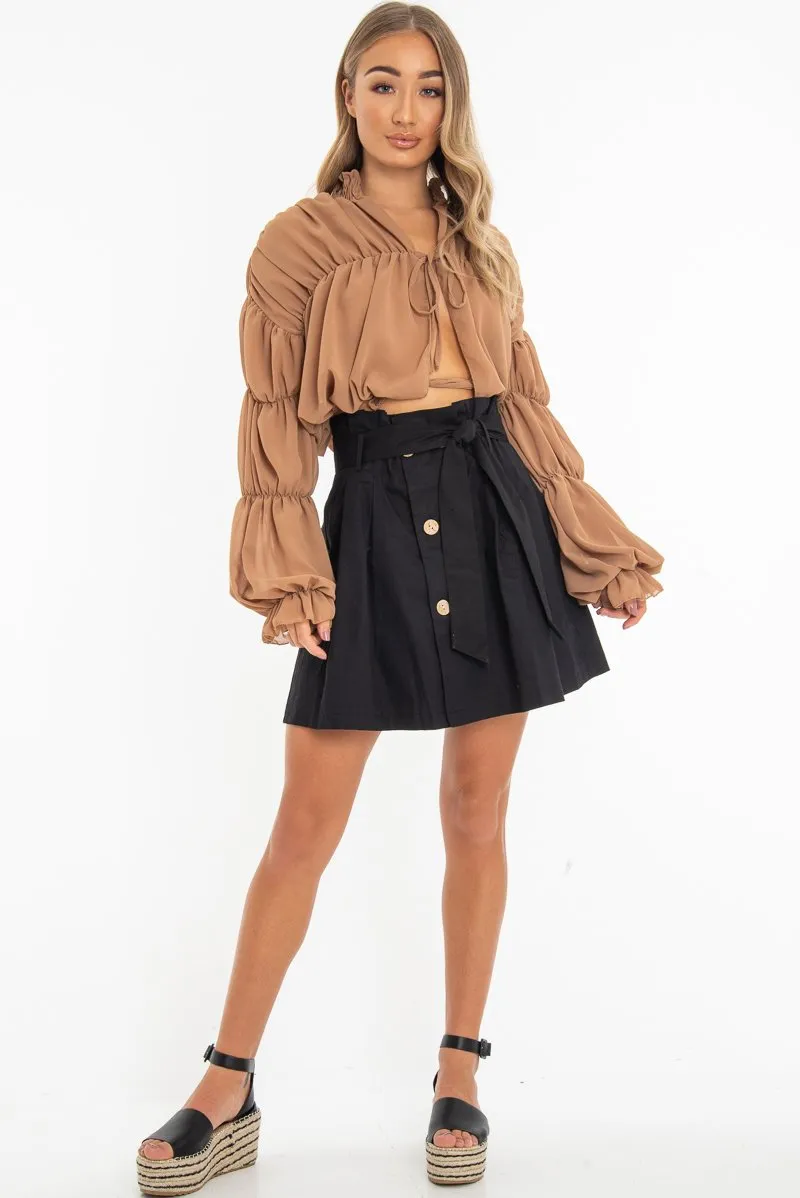 Black Woven Button Front Pleated Mini Skirt - Louisa