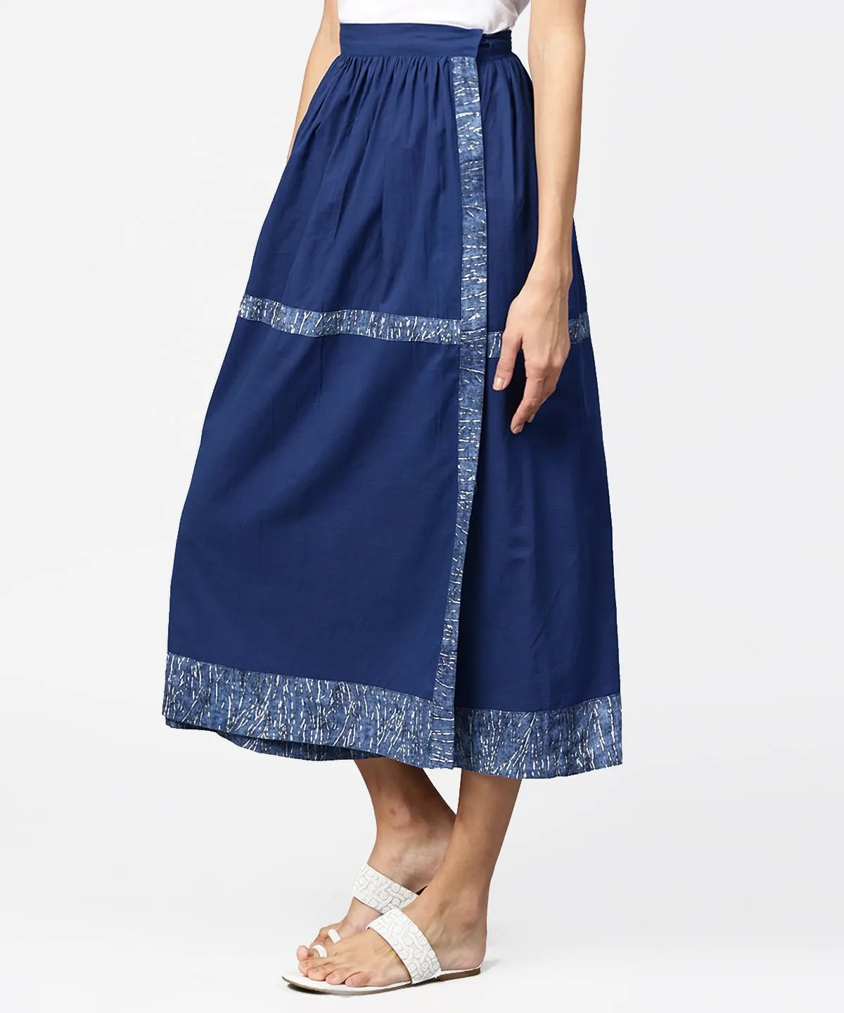 Blue Midi Length Cotton Flared Skirt