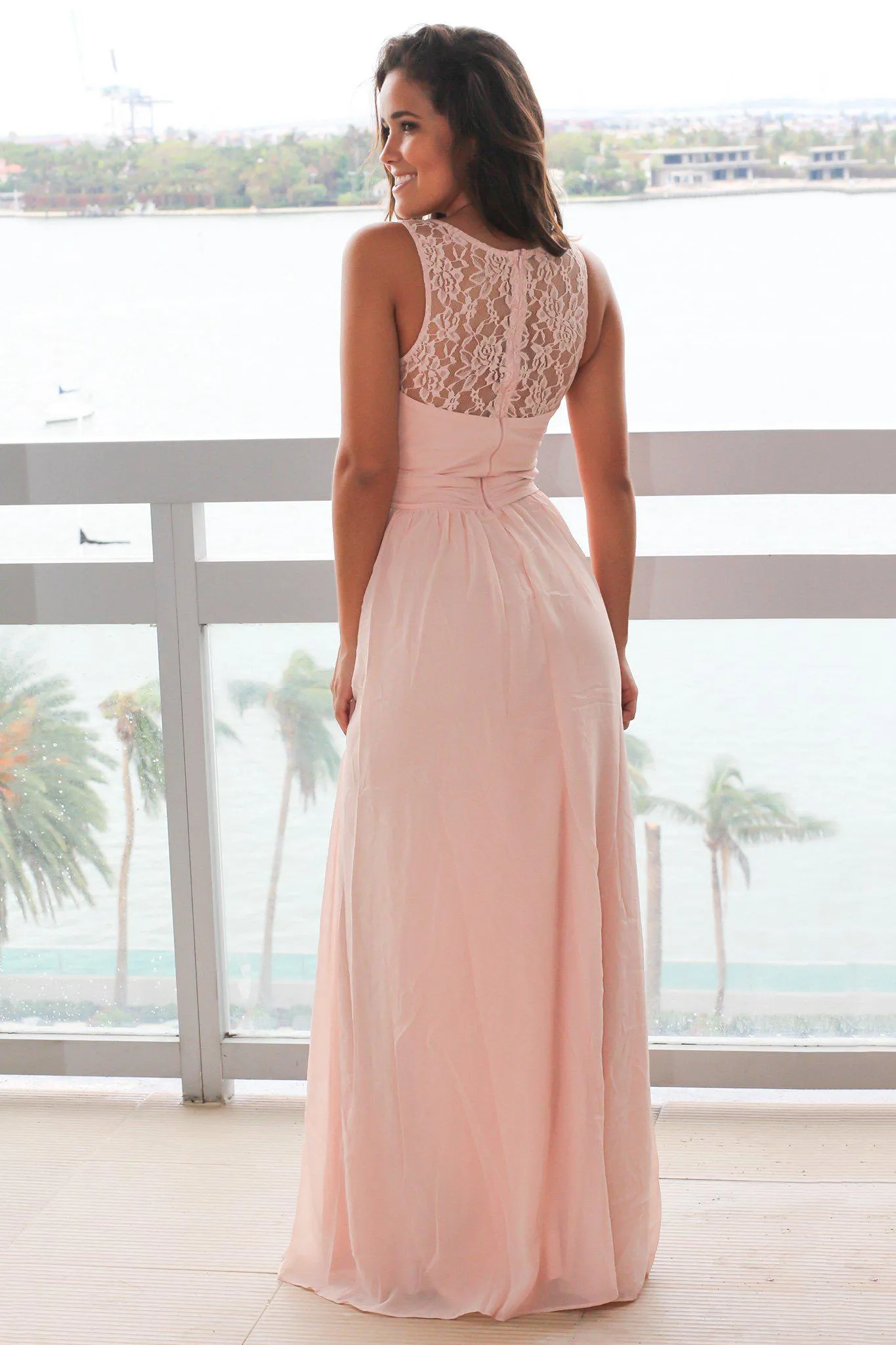 Blush Maxi Dress with Pleated Lace Top