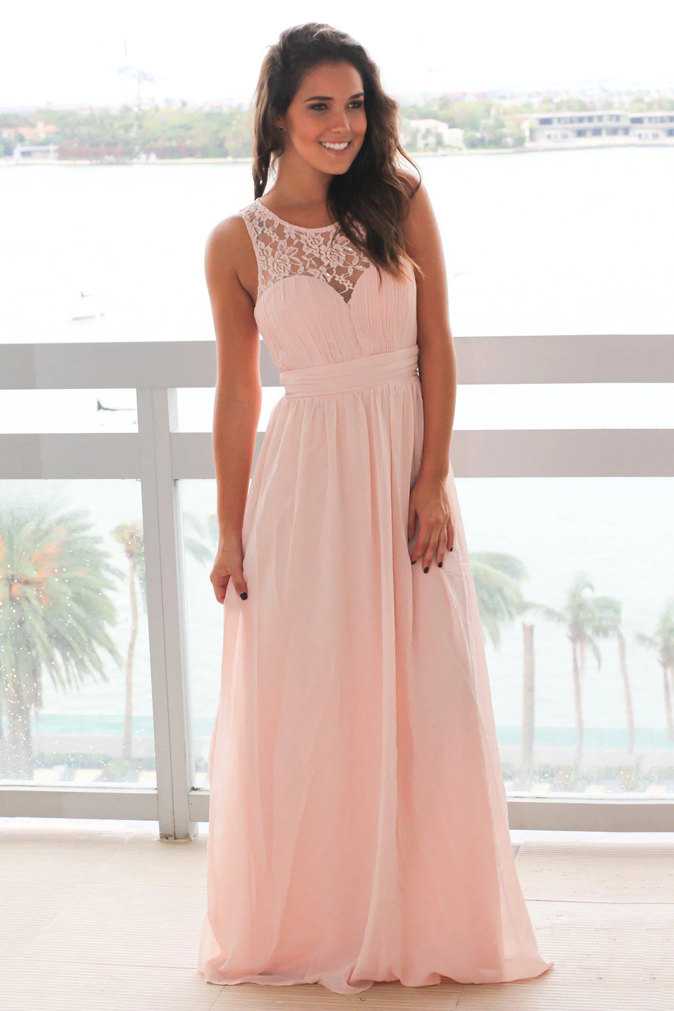 Blush Maxi Dress with Pleated Lace Top