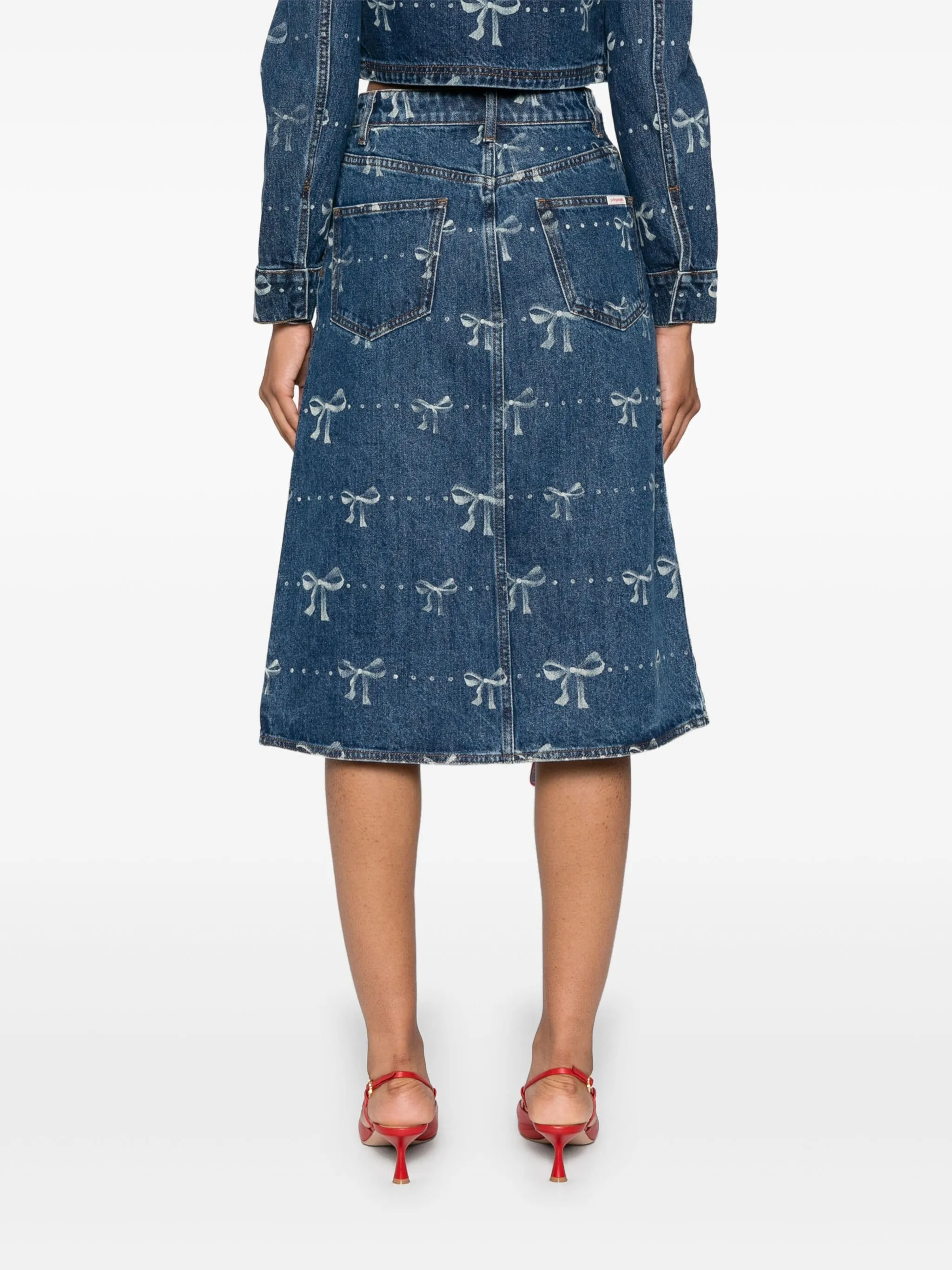 Bow Print Denim Midi Skirt