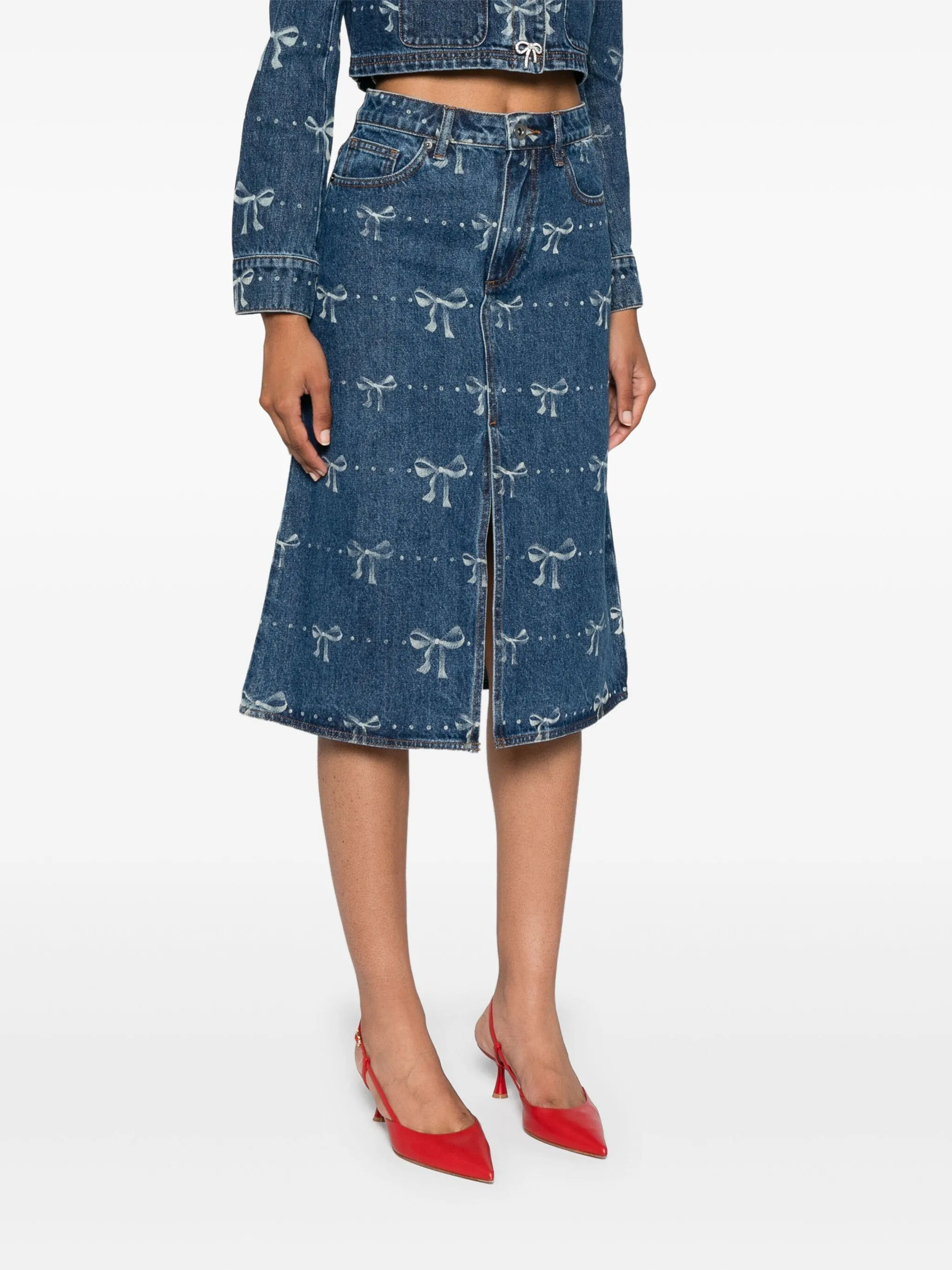 Bow Print Denim Midi Skirt